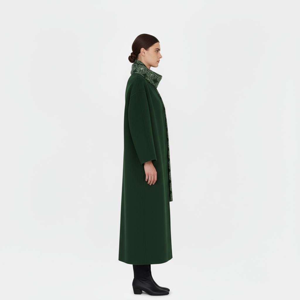 Dark Green Carmen Print Coat with Scarf Collar