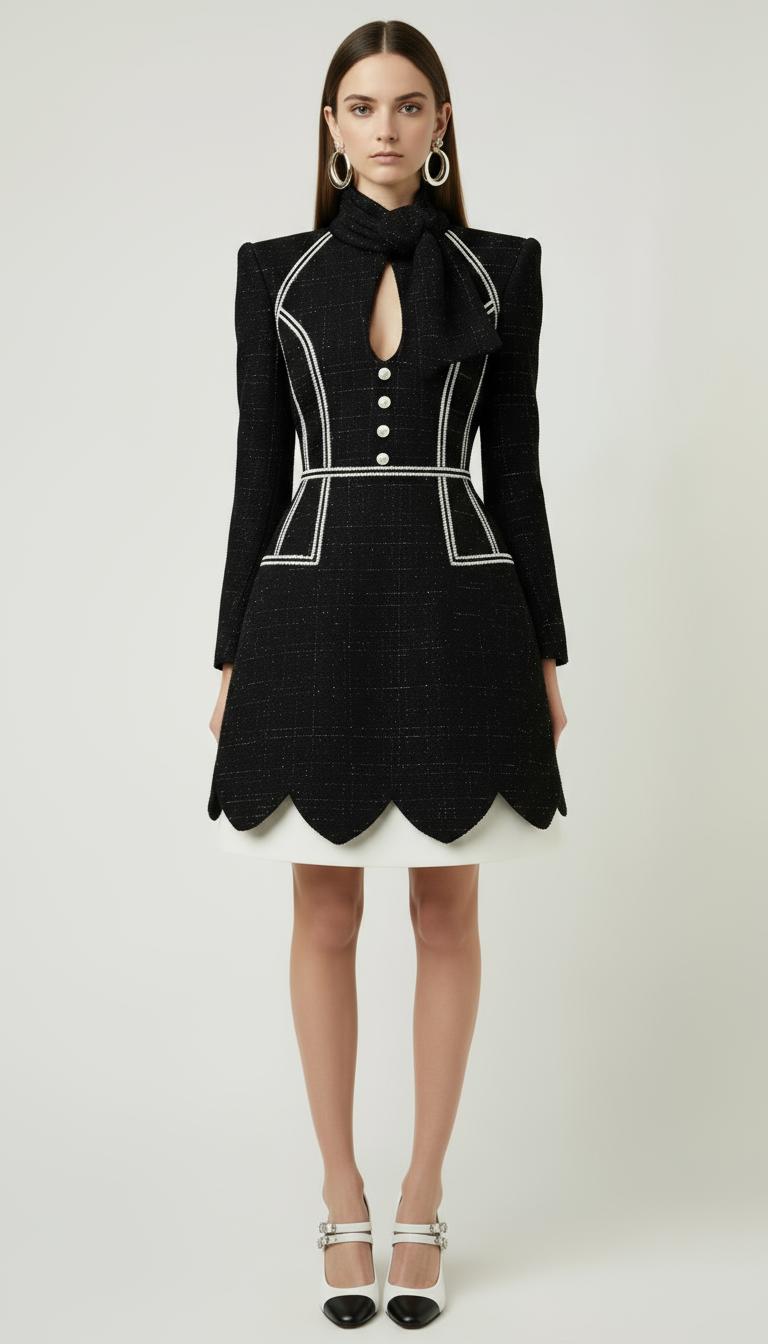 Black dress with white trim worn by a model on a white background